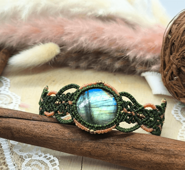 Bracelet tissage bicolore vert/orange labradorite 