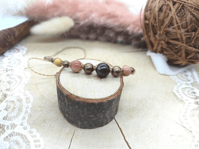 Bracelet fin marron jaspe mokaite perles bronze