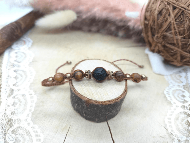 Bracelet fin marron pierre de lave, bois robles, laiton 