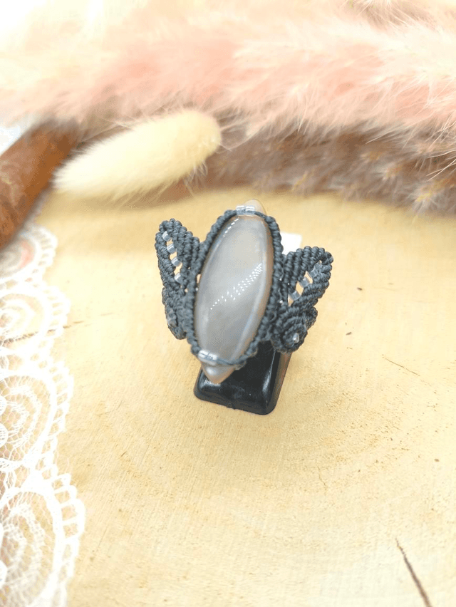 Bague obsidienne argentée perles miyuki 